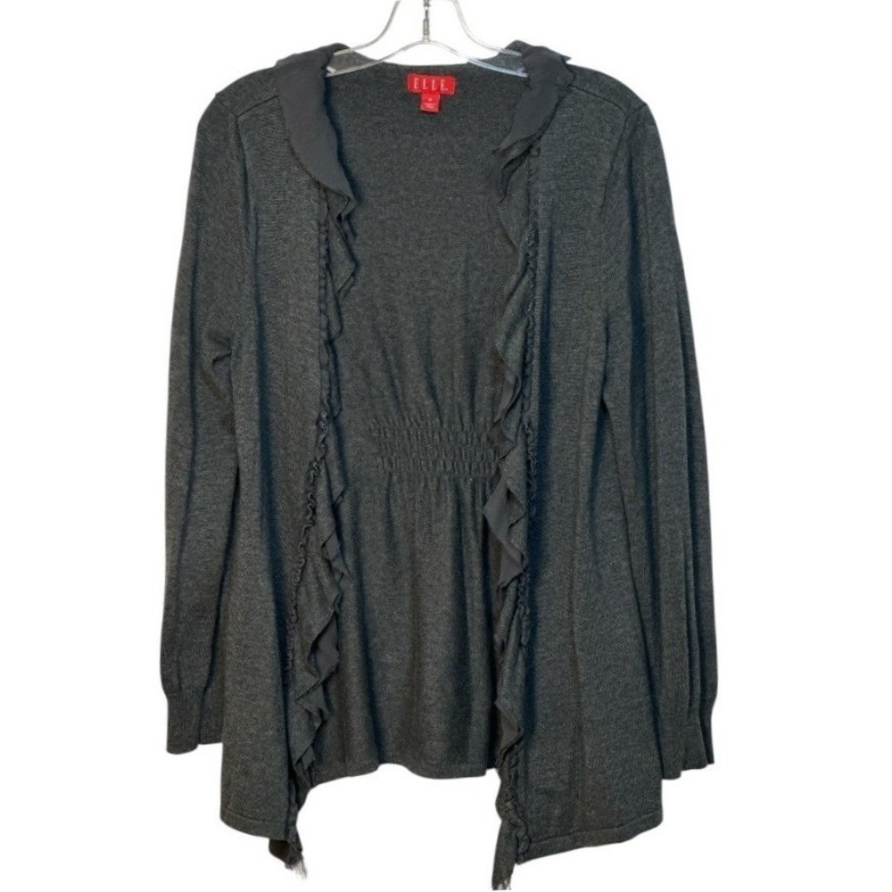 Elle Cardigan Sweater Womens Gray Ruffle Empire Waist Open Front Coquette M